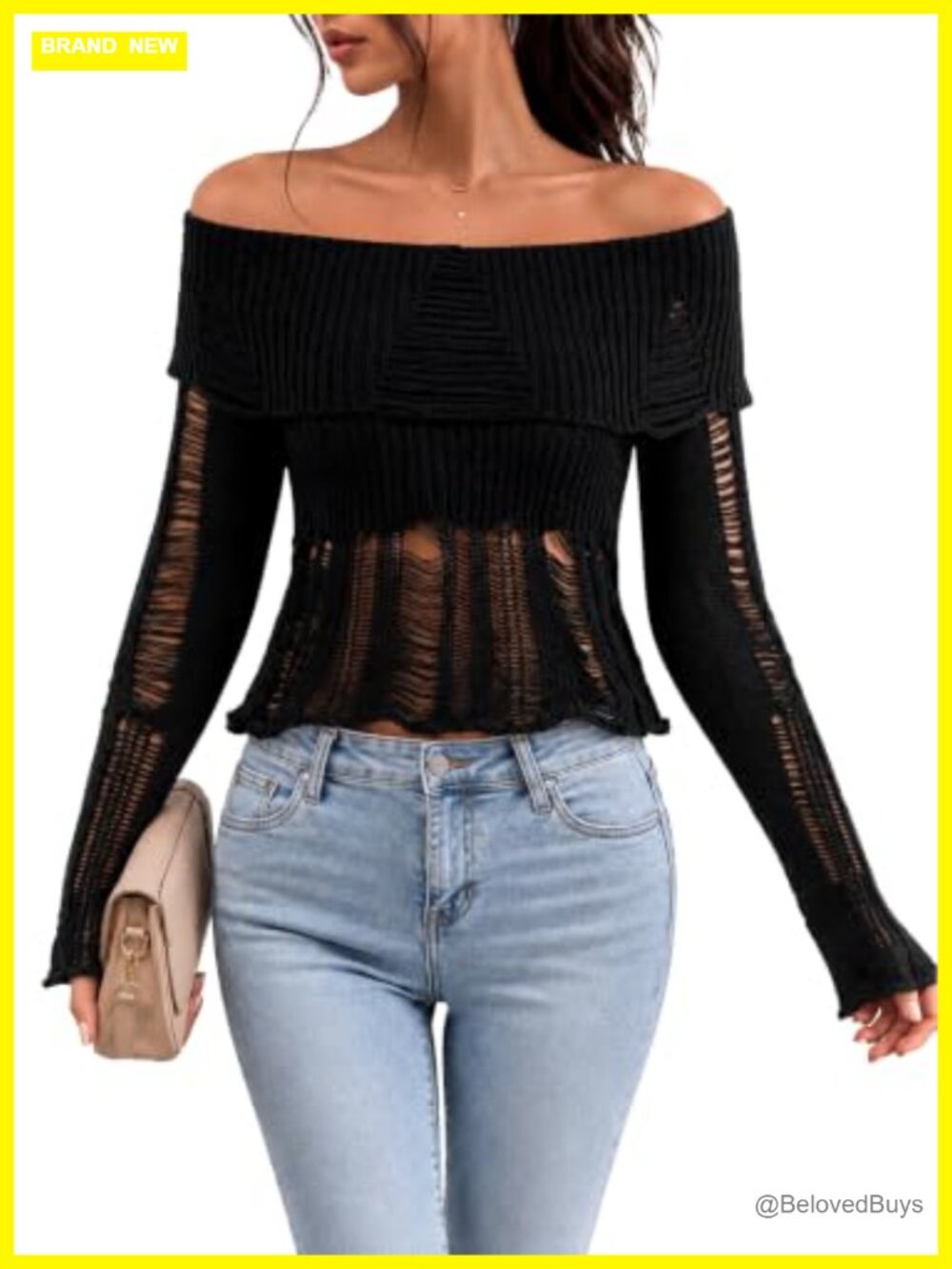 Off Shoulder Distressed Cropped Sweater Pullover Long Sleeve
